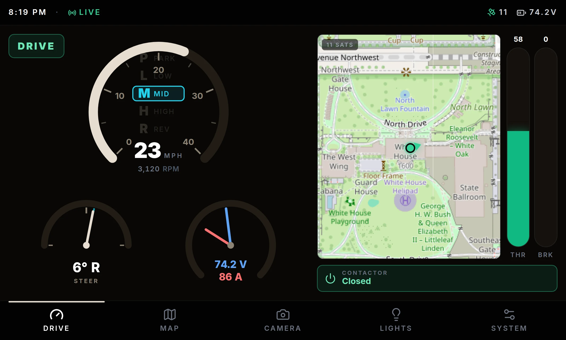 The kart dashboard: speed gauge and map