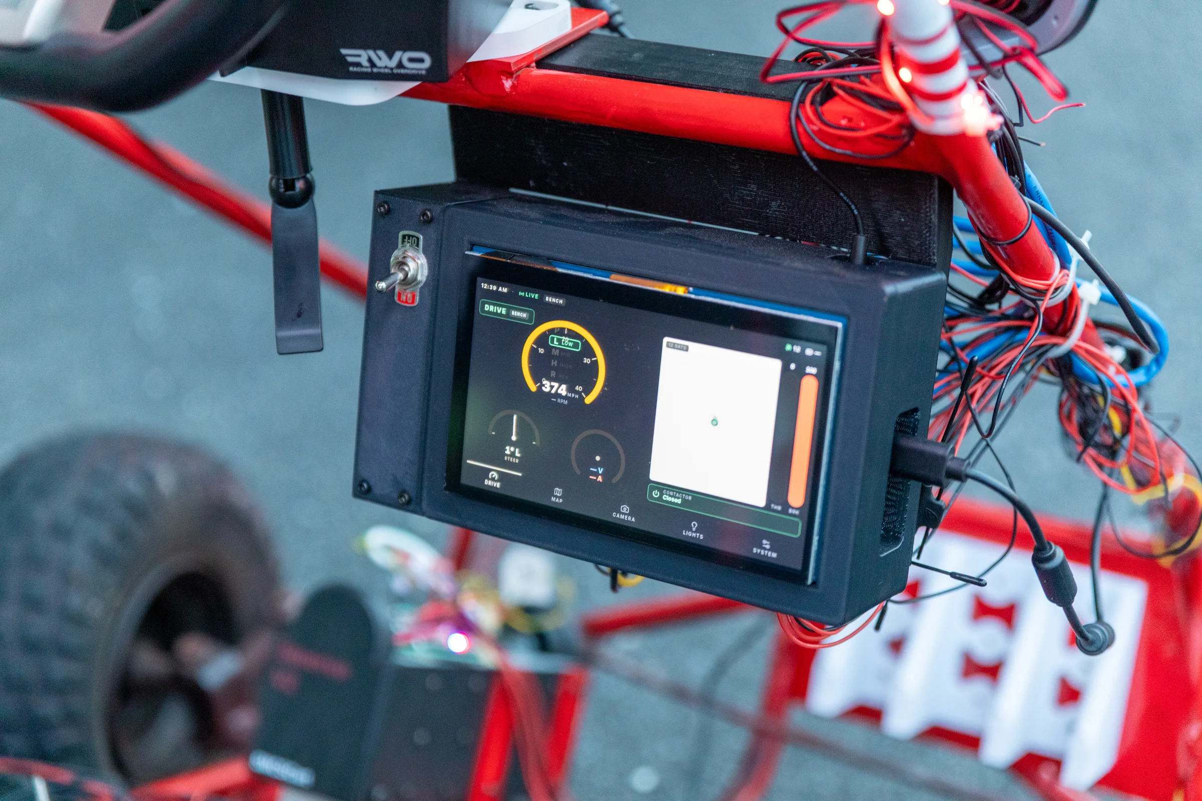 The dashboard running on the kart, mounted under the steering wheel
