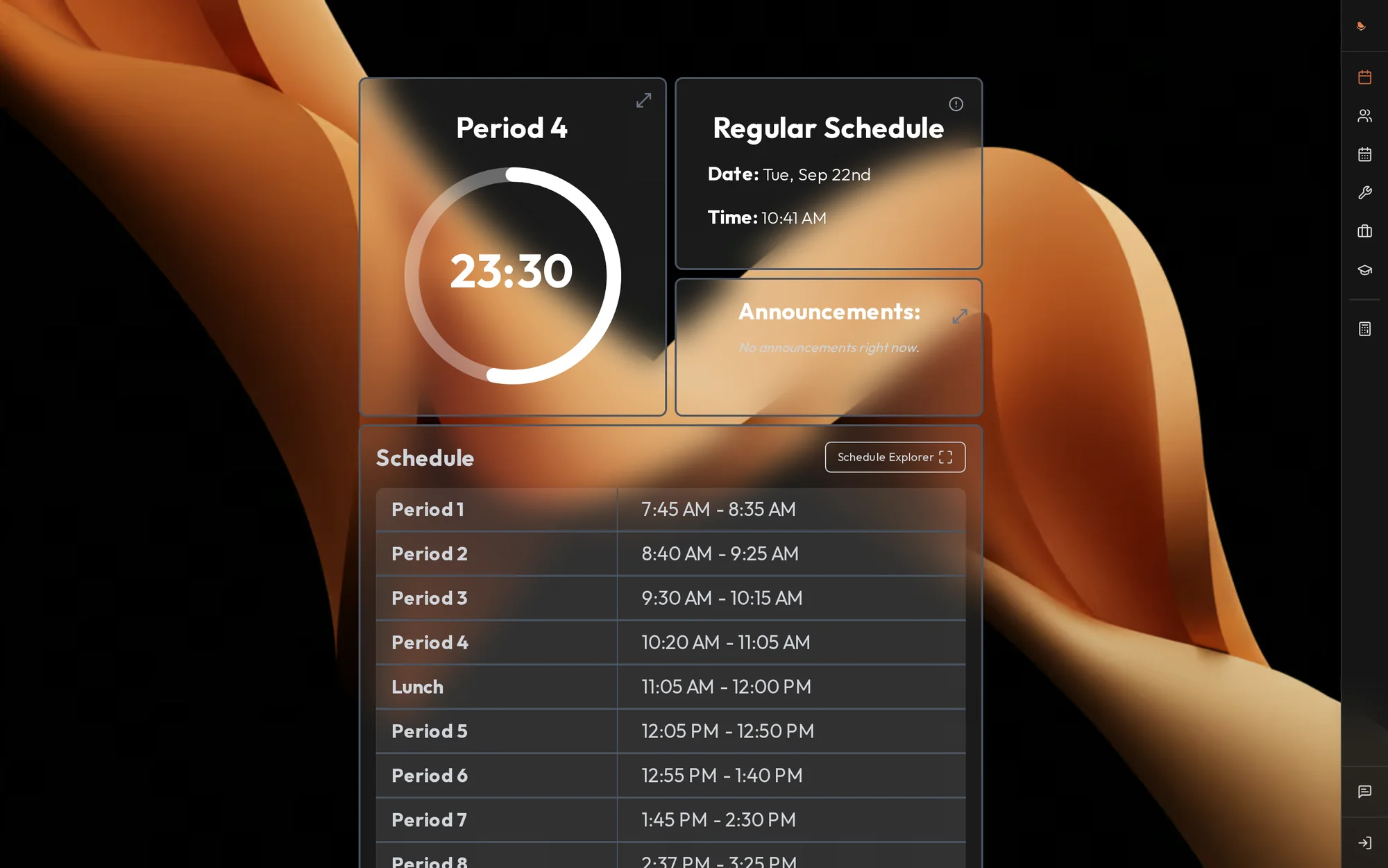 Sparrows dashboard for Poolesville High School: the period countdown and the day's bell schedule