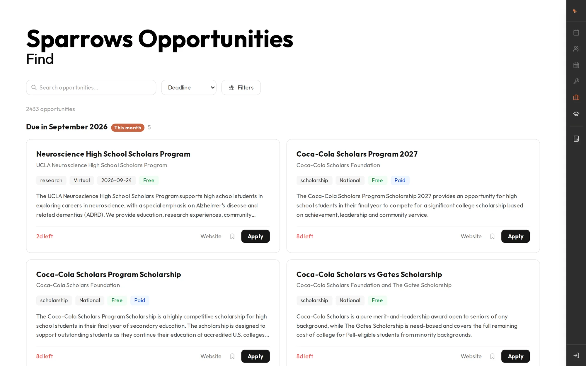 Opportunities: internships and scholarships matched to students