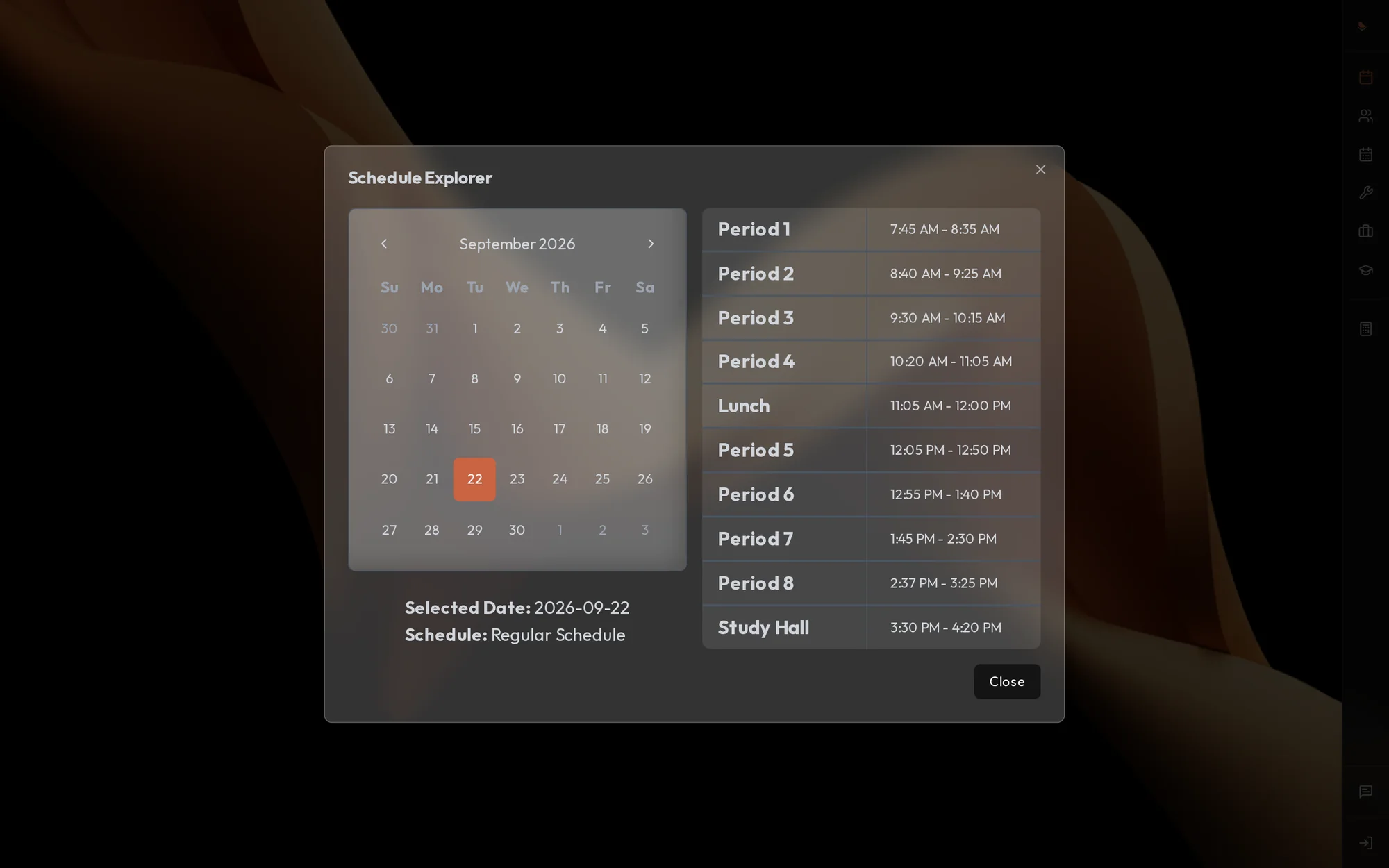 Schedule explorer: a calendar picking the bell schedule for any date