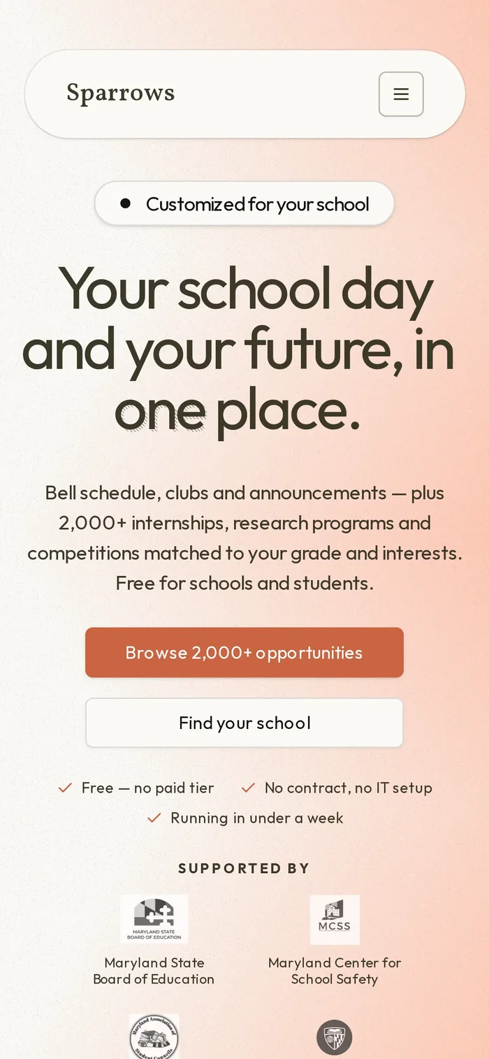 The Sparrows landing page on a phone